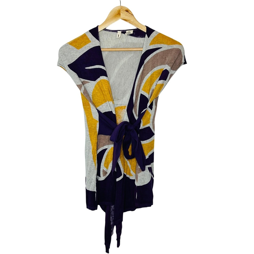 MOTH Geometric Print Wrap Knit Cardigan Sweater Tie Waist Short Sleeve M